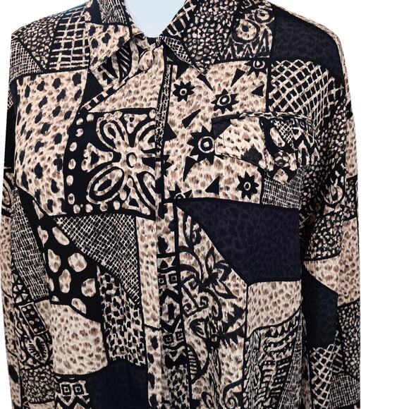 VINTAGE Blouse Top Long Tunic Hong Kong Geo Animal Print No Iron Oversized‎ LG - Picture 3 of 10